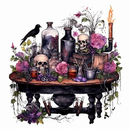 dark arcadia watercolor big old wooden table full of witches potions, candles, skulls, roses, vines, goblet, spoons, raven, bones, frogs, clip art