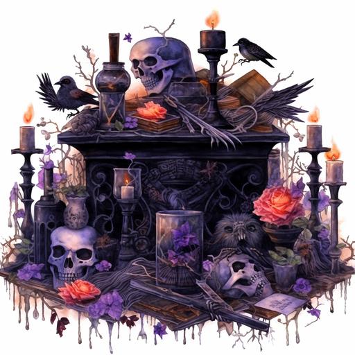 dark arcadia watercolor big old wooden table full of witches potions, candles, skulls, roses, vines, goblet, spoons, raven, bones, frogs, clip art