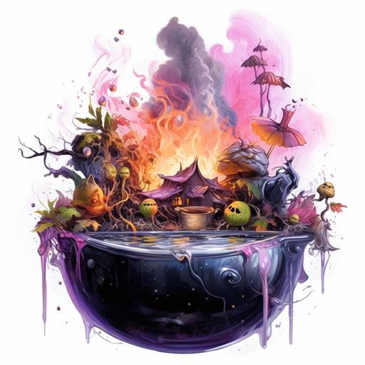 dark arcadia witches couldron sat ontop of burning logs, big mixing spoon to mix the bubbling potion, smoke, bubbles, sparkles, frogs, bones, fingers, bats, plants, clip art, watercolor, magic, fantasy, roses, glowing details, crystal ball