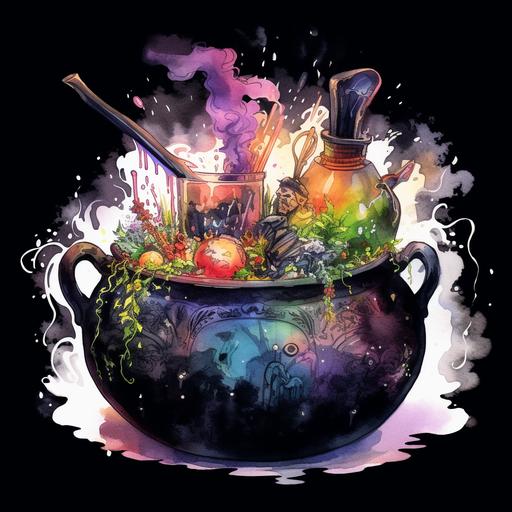 dark arcadia witches couldron sat ontop of burning logs, big mixing spoon to mix the bubbling potion, smoke, bubbles, sparkles, frogs, bones, fingers, bats, plants, clip art, watercolor, magic, fantasy, roses, glowing details, crystal ball
