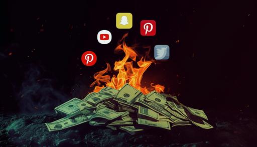 dark background with a fire. spotify, facebook, twitter, logos in the top left corner. Behind the logos from the top to bottom of the left side is a pile of money. Leave space on the right side of the image --ar 7:4 --v 6.0