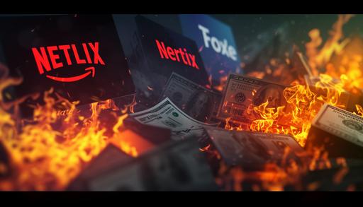 dark background. spotify, netflix, amazon, and microsoft logos in the top left corner. Behind the logos from the top to bottom of the left side is a pile of money. The money is on fire. Leave the rightmost quarter of the imagine as just background --ar 7:4 --v 6.0