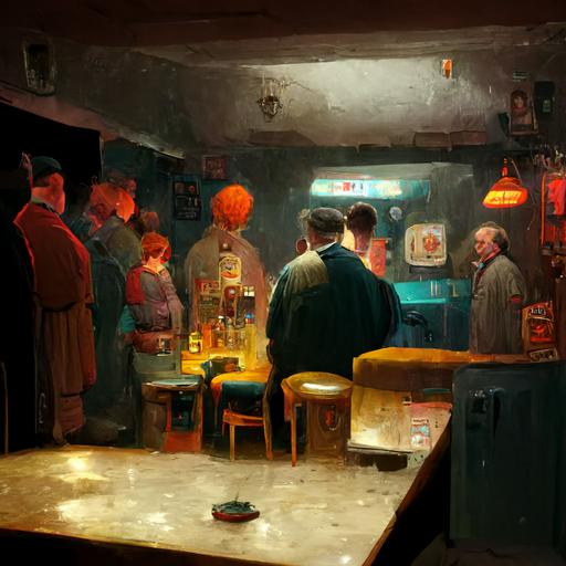 dark basement pub::30 bar in center of room::30 four old regular customers sitting at the counter drinking mugs of golden beer::10 Bartender is a confused young man::40 bartender has a 