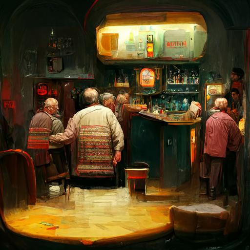 dark basement pub::30 bar in center of room::30 four old regular customers sitting at the counter drinking mugs of golden beer::10 Bartender is a confused young man::40 bartender has a 