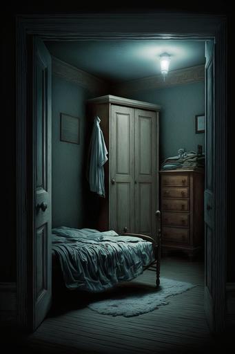 dark bedroom, closet in the focus of the photograph, closet's door is slightly open (not fully closed), creepy atmosphere, someone sleeping in their bed. --ar 2:3
