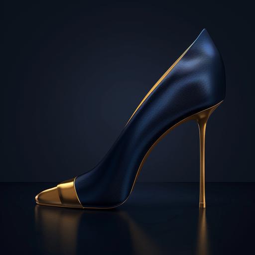 dark blue coloured high heel with a gold coloured silk shoe tip, photorealistic, simple and plain, luxury shoes, dark background, high detailed --v 6.0 --style raw