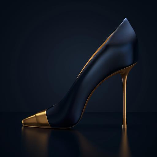 dark blue coloured high heel with a gold coloured silk shoe tip, photorealistic, simple and plain, luxury shoes, dark background, high detailed --v 6.0 --style raw