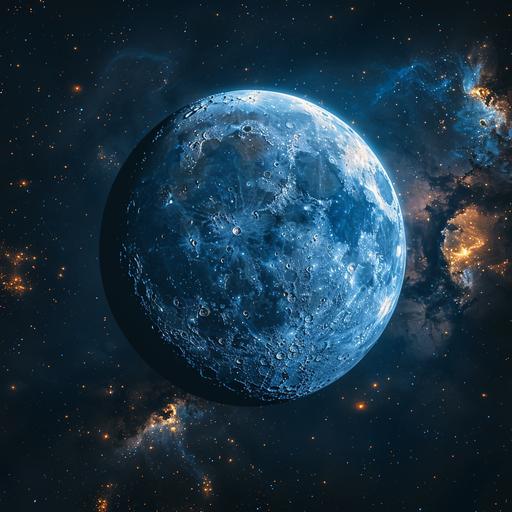 dark blue galaxy background with full moon, colour splash at the back of the moon very detailed --s 750