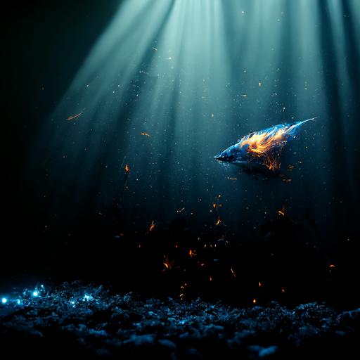 dark blue sea, deep water, glowing fish, shark behind, majestic, cinematic, fire, high definition, 4K