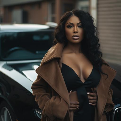 dark brown skin female, long wavy hair, brown eyes, white bralette shirt, age 30, full figured, outside, standing in front of a black BMW truck, black mink coat. 8mm