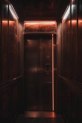 dark brown wood interior of the cyber punk industrial elevator --ar 2:3 --v 6.0