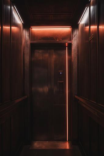 dark brown wood interior of the cyber punk industrial elevator --ar 2:3 --v 6.0