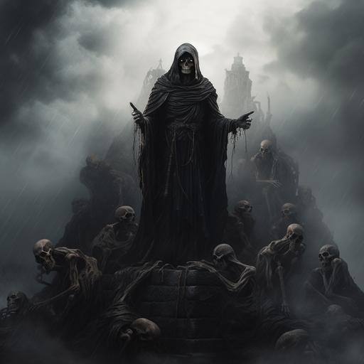 dark creepy character with scrawny long body wearing a cloak and standing on a pile of skulls, sideways, with a foggy background that engulf the character creating an eerie scene