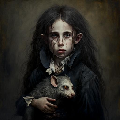 dark fantasy nosferatu vampire young boy long hair with a rat, and with a torn mouth, with mouse nose