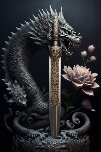 dark fantasy theme, asian dragon carved silver dagger, lotus flowers, dark temple background, 8K, 16K, UHD, ultrarealistic, digital photo, cinematic lighting, full perspective, octane render, --ar 2:3 --uplight