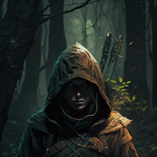 dark, forest, Magic, mystery, Archer, stalking, D&D, Fantasy, 4k, realistic, hooded human