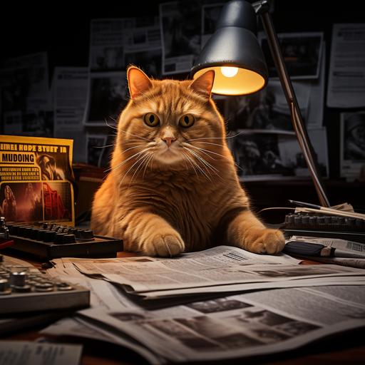 dark, gloomy, desk, orange cat, orange spotlight, newspaper, headline, bullitin board