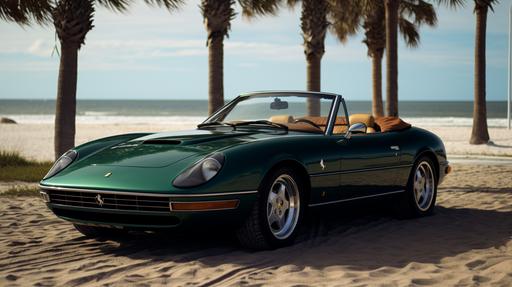 dark green 2002 Ferrari Daytona Spyder, From ‘Miami Vice parked on a beach near the ocean and sand dunes, photography, photorealism --ar 16:9