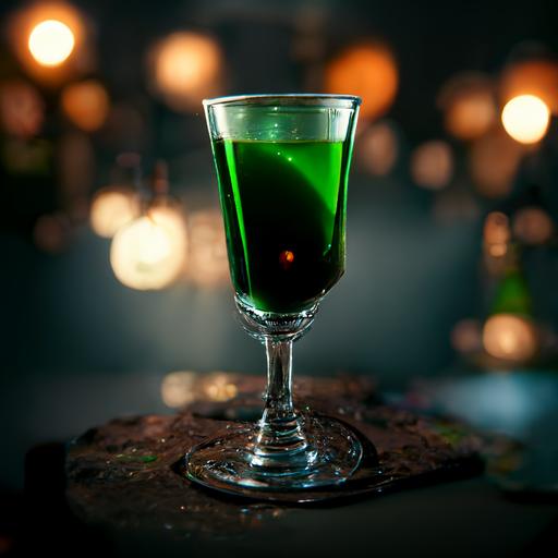 dark green drink in triangular glass in party at the night, 8k, photorealistic,hyper detailed