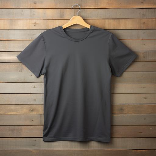 dark grey blank t shirt hung on grey wood background with natural lighting, ward winning photography, 16k