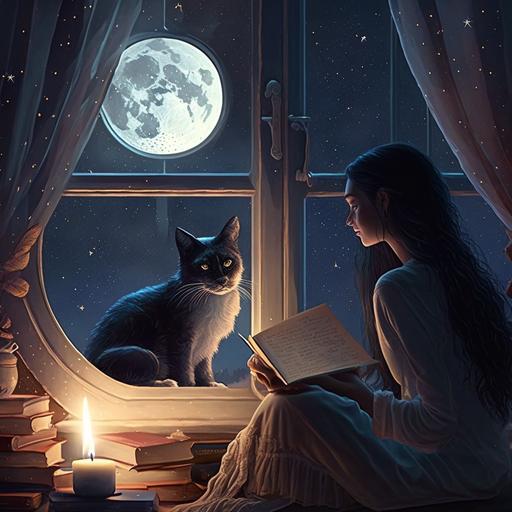 dark haired white young woman, mysterious, sitting in front of a window with a black cat on her lap, looking outside into a clear night, burgundy curtains on the side of the window, the room is full of books, candles are burning, the moon can be seen, photo from behind, detail, high resolution, realistic
