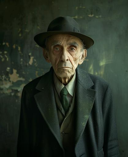 dark horror surrealism photo by Joel Peter Witkin colored by Katia Chausheva,Eastern Europe, an elderly man a philosopher dressed in tailored dark grey suit, white shirt, green tie, waistcoat and warm overcoat,dirty wall behind, in the style of nostalgic atmosphere, photo taken with provia, hikecore, letterboxing, soft-edged, precise craftsmanship, juxtapositions extraordinaire in color black, green, red, yellow, green --ar 9:11 --style raw --stylize 150 --v 6.0