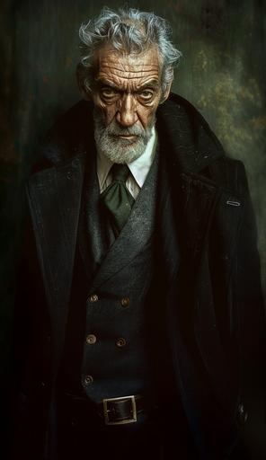 dark horror surrealism photo by Joel Peter Witkin colored by Katia Chausheva,Eastern Europe, an elderly man a philosopher dressed in tailored dark grey suit, white shirt, green tie, waistcoat and warm overcoat,dirty wall behind, in the style of nostalgic atmosphere, photo taken with provia, hikecore, letterboxing, soft-edged, precise craftsmanship, juxtapositions extraordinaire in color black, green, red, yellow, green --style raw --stylize 150 --v 6.0 --c 25 --ar 26:45