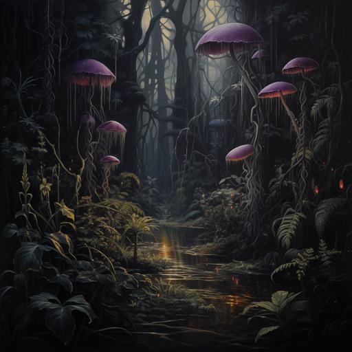 dark jungle oil painting, moddy misty jungle, detailed plants, vines, leaves, mushrooms growing everywhere, mushrooms --v 5.2