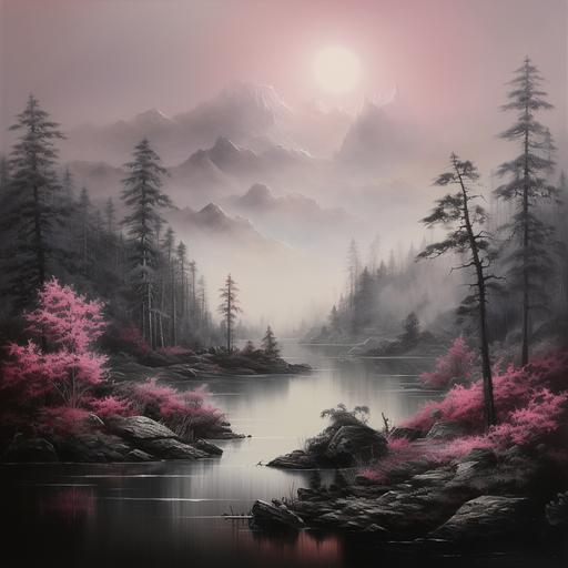 dark mountous landscape cascading a lake. pine tree's and slight fog. fading pink atomophere.