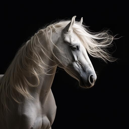 dark photograph of a white horse. Side profile. Wind blowing.