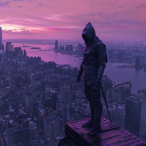 dark purple hooded ninja standing on the edge of a roof in New York City over looking the city, purple color mixing, sunset, dark tone, cinematic movie poster ultra realistic