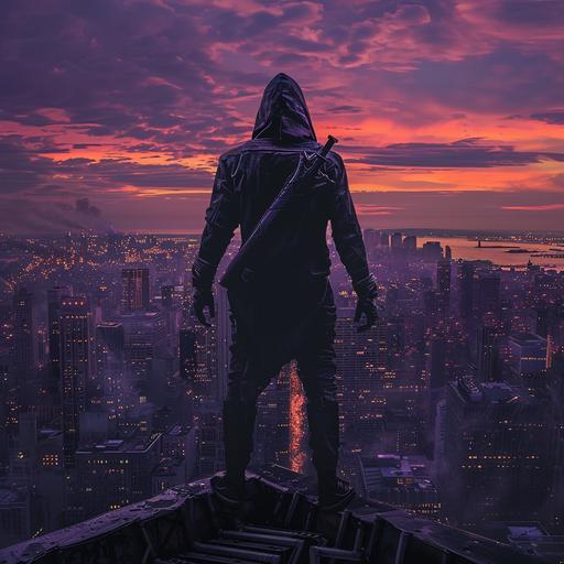 dark purple hooded ninja standing on the edge of a roof in New York City over looking the city, purple color mixing, sunset, dark tone, cinematic movie poster ultra realistic