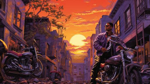 dark purple hues are frequent in this cobblestone alley between two four story buildings with fire escapes, gritty, orange colors of the setting sun seeping through, giving the African Nubian Male and female motorcyclists mounting their bikes a Cyberpunk look and feel. Realistically rendered In the style of Kehinde Wiley. --ar 16:9