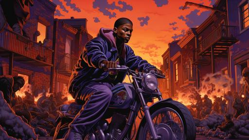 dark purple hues are frequent in this cobblestone alley between two four story buildings with fire escapes, gritty, orange colors of the setting sun seeping through, giving the African Nubian Male and female motorcyclists mounting their bikes a Cyberpunk look and feel. Realistically rendered In the style of Kehinde Wiley. --ar 16:9