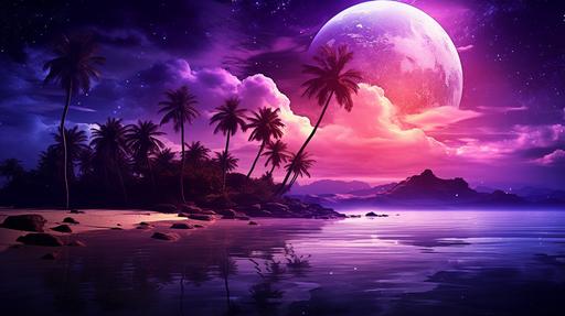 dark purple nebula over a beach landscape, at night, palm trees, posterized, detailed, purple, brown, --ar 16:9