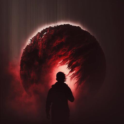 dark red orb void background person inside screaming scary, profile picture art shadow fog