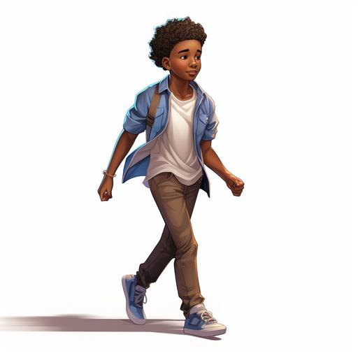 dark skin african american boy , 13 years old, low hair cut, white shirt, brown pants, blue shoes, pixar style, standing, walking, running flat childrens illustration book,