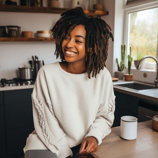 dark skinned african woman, holding white black coffee mug by handle, laughing, wearing cozy sweater, styled dread locs, sitting in kitchen, kitchen halloween theme v 5