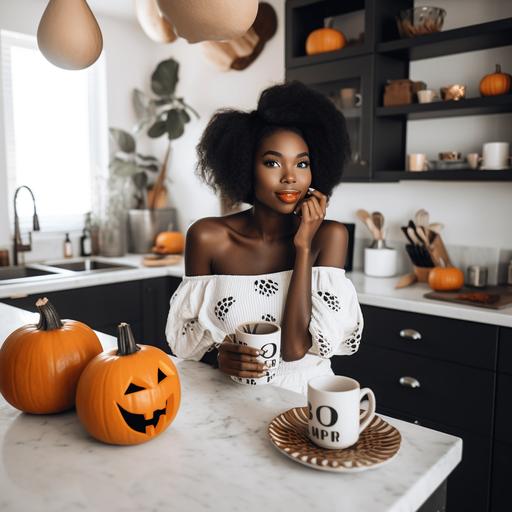 dark skinned black woman holding white black coffee mug, front of mug clearly visable, sitting in a boho modern kitchen, kitchen table has halloween pumpkins and halloween theme --v 5