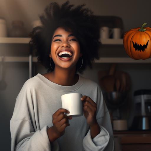 dark skinned black woman, wearing cozy gray sweater, laughing, holding white black coffee mug v 5