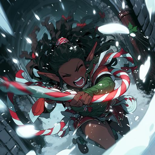 dark skinned elf in festive green outfit wielding candy cane blades, fighting furiously in an icy cave --s 250 --niji 5