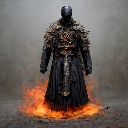 dark souls style, cloth + leather + robes armor set, battle field, after war, standing alone, faceless figure, viking male character, controls fire and ice, realistic, very detailed, in motion, holding magical talisman, boss type, epic scale