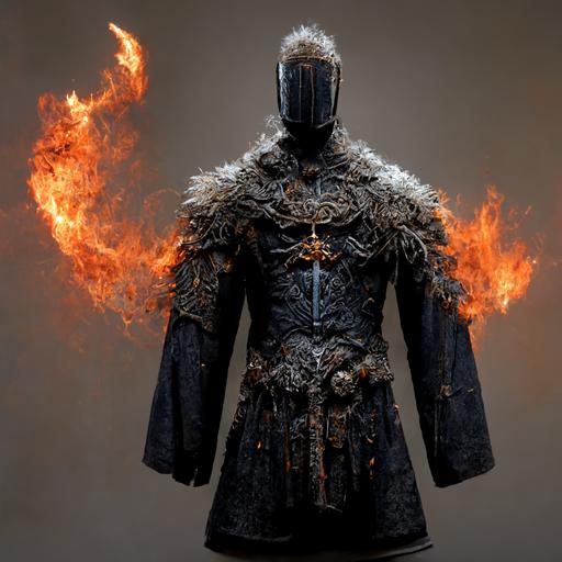dark souls style, cloth + leather + robes armor set, battle field, after war, standing alone, faceless figure, viking male character, controls fire and ice, realistic, very detailed, in motion, holding magical talisman, boss type, epic scale