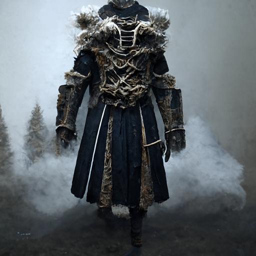 dark souls style, cloth + leather + robes armor set, battle field, after war, standing alone, faceless figure, viking male character, controls fire and ice, realistic, very detailed, in motion, holding magical talisman, boss type, epic scale --uplight