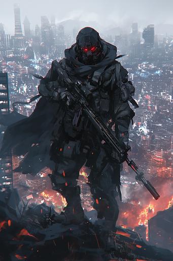 dark tactical soldier, retro sci-fi black armor, 1980s sci-fi, mg42, destroyed City background, Jin-roh, Jin-roh wolf squad, World War II German helmet, Heavy Armour, snarling narrow-eyed helmet, Killzone helghast, helghast helmet, red lenses, grill mask, skull mask, shielded knight mouth guard, full body, standing in the fire, heavy sci-fi knight armour, --ar 2:3 --stylize 500 --niji 6