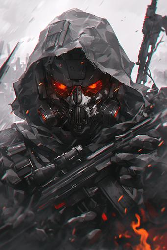 dark tactical soldier, retro sci-fi black armor, 1980s sci-fi, mg42, destroyed City background, Jin-roh, Jin-roh wolf squad, World War II German helmet, Heavy Armour, snarling narrow-eyed helmet, Killzone helghast, helghast helmet, red lenses, grill mask, skull mask, shielded knight mouth guard, full body, standing in the fire, heavy sci-fi knight armour, high detail, photo realistic, --ar 2:3 --stylize 500 --niji 6