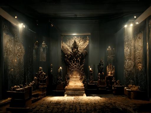 dark throne room with peacock statues and decorations, volumetric lighting, hyper realistic --w 2000 --h 1500