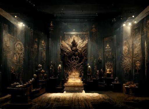 dark throne room with peacock statues and decorations, volumetric lighting, hyper realistic --w 2000 --h 1500