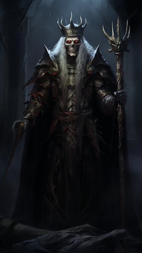 dark wizard of necromancy, villian, old man, part undead, dark iron crown, evil dagger --ar 9:16