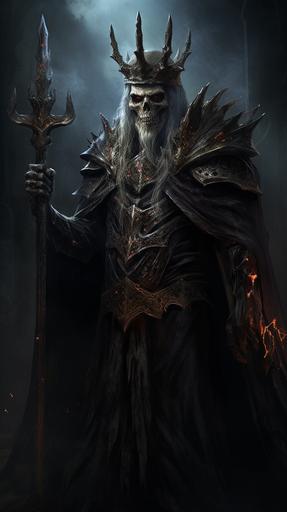 dark wizard of necromancy, villian, old man, part undead, dark iron crown, evil dagger --ar 9:16